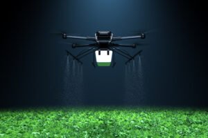 drone spraying fertilizer on vegetable green plants, agriculture